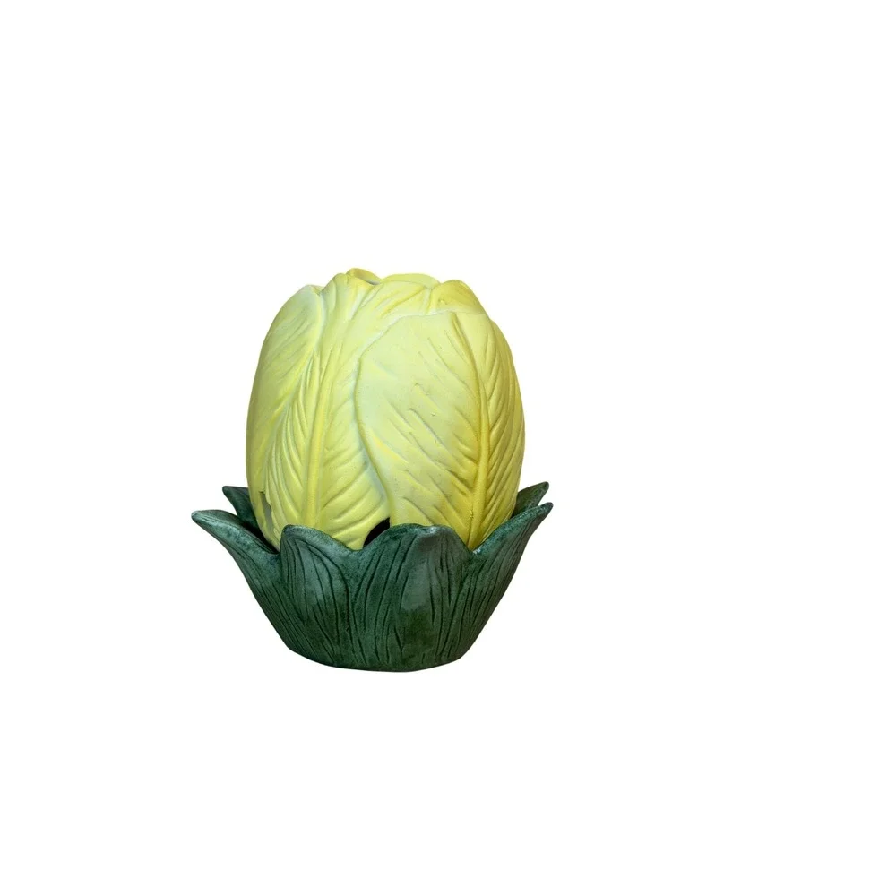 Yellow Ceramic Tulip Votive Candle Holder Two‎ Piece Green Leaf Base Vintage